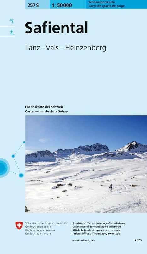 „Safiental, Ilanz – Vals – Heinzenberg, Landkarte der Schweiz.“ Unten Skifahrer in verschneiter Berglandschaft.