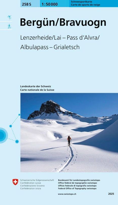 "Bergün/Bravuogn, Lenzerheide/Lai, Pass d'Alvra, Albulapass, Grialetsch." Skiwanderer vor schneebedecktem Berg.