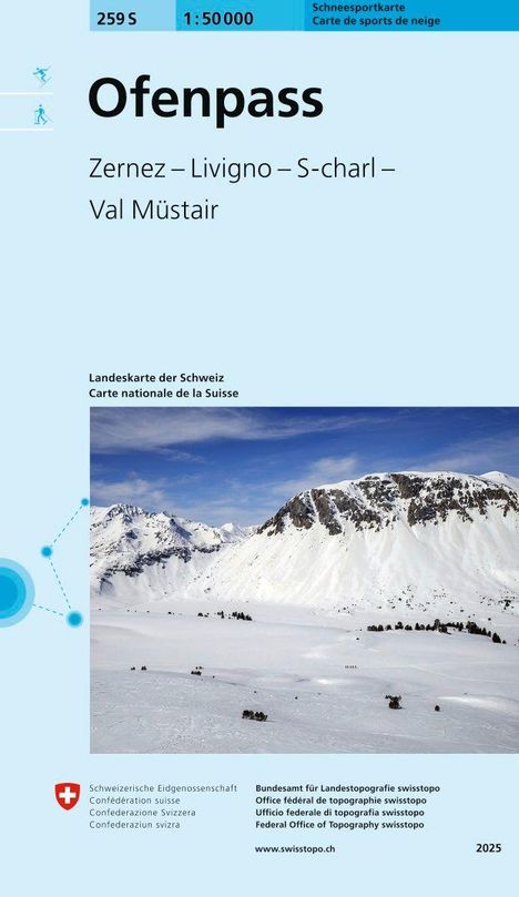 Ofenpass, Zernez, Livigno, S-charl, Val Müstair. Schweizer Schneesportkarte mit verschneiter Berglandschaft und blauem Himmel.