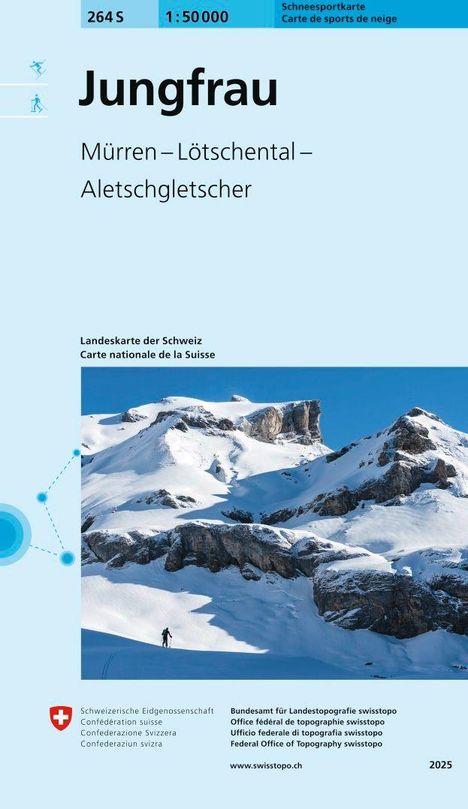 Jungfrau, Mürren – Lötschental – Aletschgletscher, Landkarte der Schweiz. Schneebedeckte Berge und ein Skifahrer.