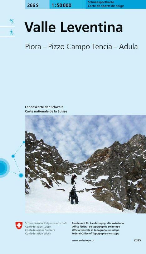 Text: "Valle Leventina", "Piora – Pizzo Campo Tencia – Adula", "Landeskarte der Schweiz". Bild: Zwei Bergsteiger im schneebedeckten Gebirge.