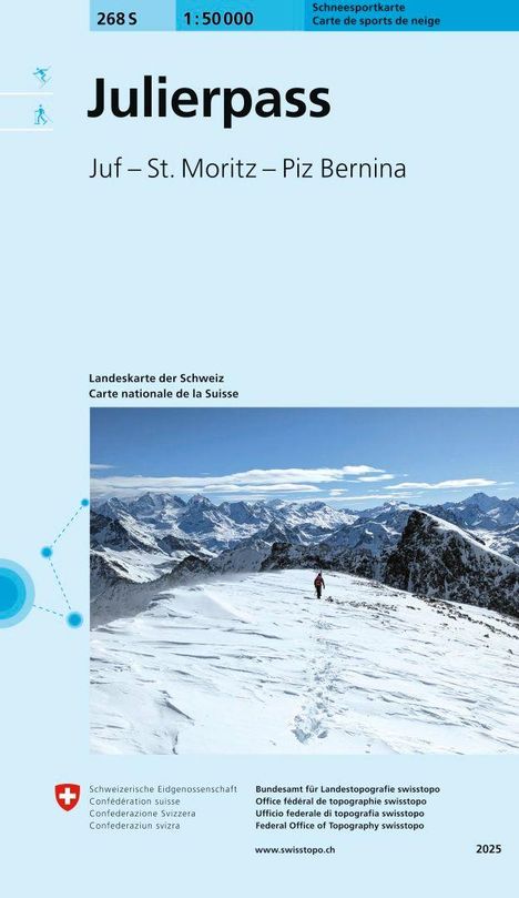"Karte: Julierpass, Juf – St. Moritz – Piz Bernina, 268 S, Schneesportkarte. Foto: Person auf schneebedecktem Berg, Alpen im Hintergrund."