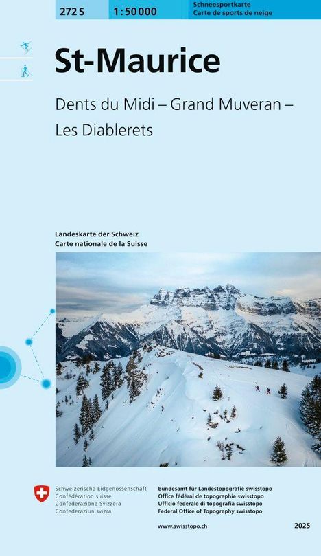 St-Maurice, Dents du Midi – Grand Muveran – Les Diablerets. Schneesportkarte 1:50'000. Winterlandschaft mit Bergen.