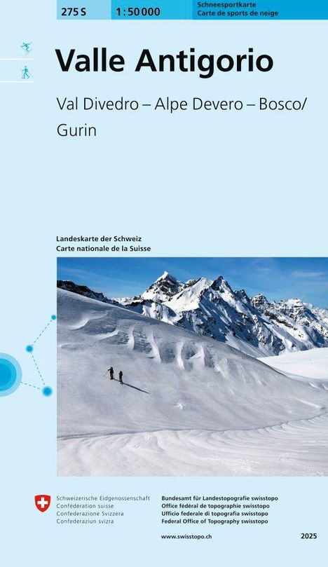 "Valle Antigorio" steht groß im Zentrum. Unten eine winterliche Bergszene mit zwei Personen im Schnee.