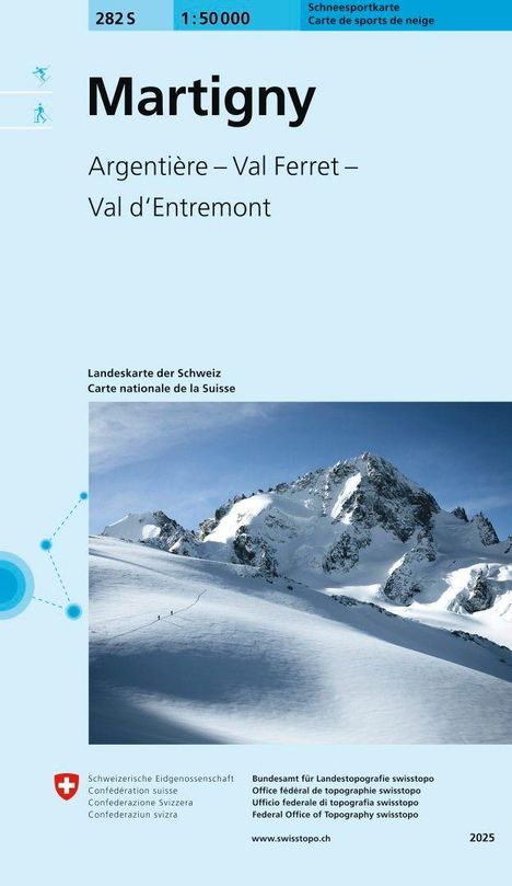 Martigny, Argentière – Val Ferret – Val d’Entremont. Schneebedeckter Berg, blaue Himmel, Schweizer Flagge, www.swisstopo.ch