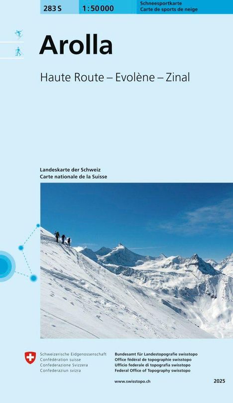 "Arolla: Haute Route – Evolène – Zinal. Schneesportkarte der Schweiz. Bild: Menschen auf einem schneebedeckten Berg."