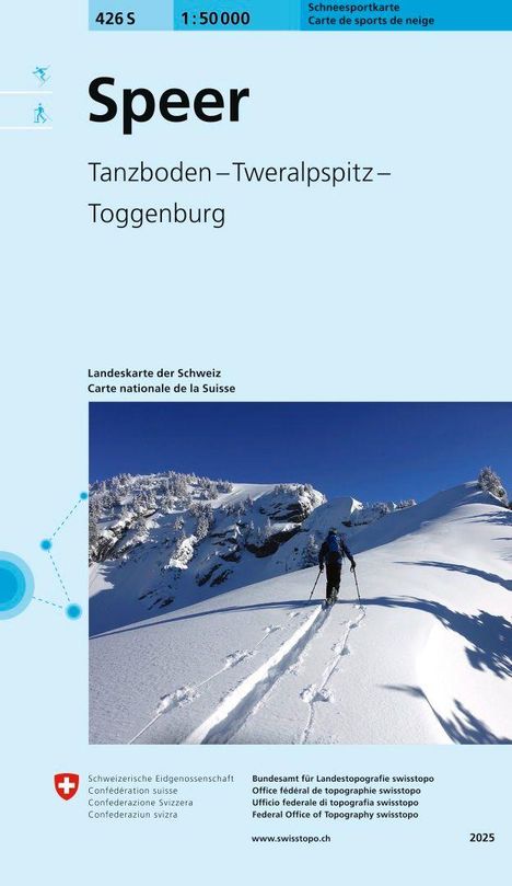 "Speer Tanzboden–Tweralpspitz–Toggenburg. Schneesportkarte 1:50 000. Skifahrer auf verschneitem Berg unter blauem Himmel."