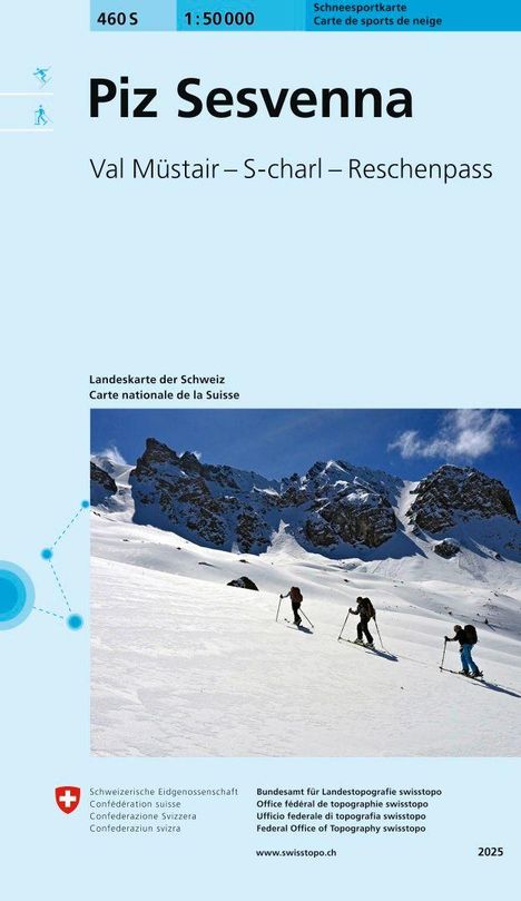Text: "Piz Sesvenna, Val Müstair – S-charl – Reschenpass, Landkarte der Schweiz". Drei Skifahrer auf schneebedecktem Hang.