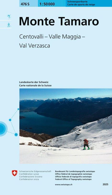 Monte Tamaro, Centovalli – Valle Maggia – Val Verzasca. Schneesportkarte. Skifahrer auf verschneitem Berg mit See im Hintergrund.