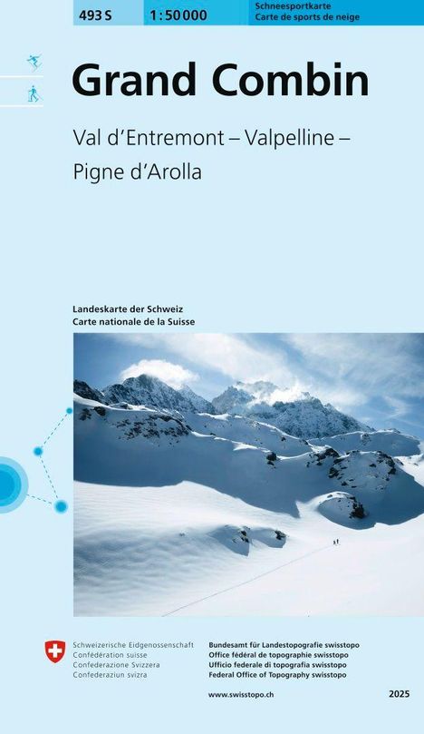 "Grand Combin, Val d’Entremont – Valpelline – Pigne d’Arolla. Landkarte der Schweiz. Schneesportkarte." Darunter schneebedeckte Berglandschaft. 