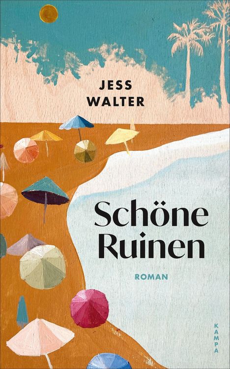 „Jess Walter, Schöne Ruinen, Roman“. Illustration eines Strands mit bunten Sonnenschirmen und Palmen im Hintergrund.