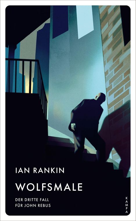"Ian Rankin. Wolfsmale. Der dritte Fall für John Rebus." Eine düstere Gestalt steht auf einer Treppe, umgeben von Schatten.