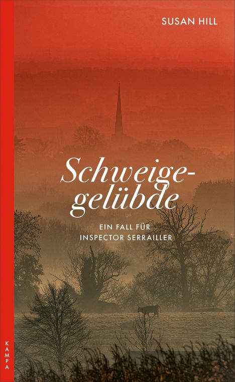 "Schweigegelübde. Ein Fall für Inspector Serrailler. Susan Hill." Illustration: Landschaft mit Baum und Kirchturm bei Dämmerung.