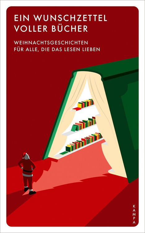 Große Schrift: "Ein Wunschzettel voller Bücher". Großes Buch mit Regalen, Weihnachtsmann davor.
