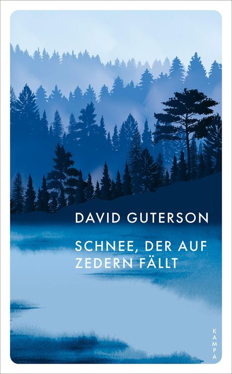 DAVID GUTERSON, SCHNEE, DER AUF ZEDERN FÄLLT. Illustration von nebligem Wald mit Zedernbäumen in Blautönen.