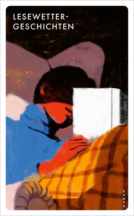 Text: LESEWETTER-GESCHICHTEN. Illustration: Eine Person liest in ein Buch gehüllt in eine karierte Decke.