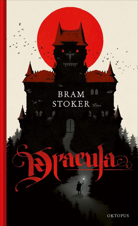 Text: "Bram Stoker, Dracula, Oktopus." Illustration: Eine düstere Burg vor einem großen roten Mond, umgeben von fliegenden Fledermäusen.