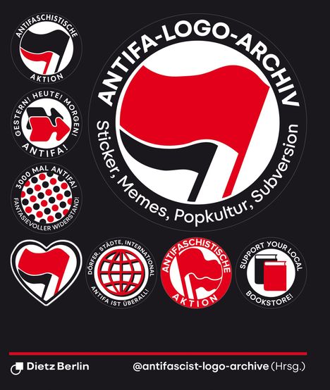 ANTIFA-LOGO-ARCHIV: Sticker, Memes, Popkultur, Subversion. Logo: Rote und schwarze Fahnen in einem Kreis.