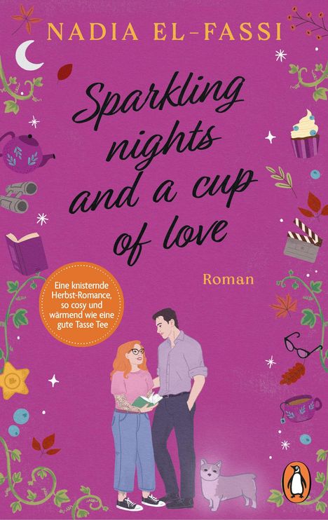 Titel: "Sparkling nights and a cup of love". Autor: Nadia El-Fassi. Illustration: Paar, Katze, Tasse, Cupcake, Blätter.