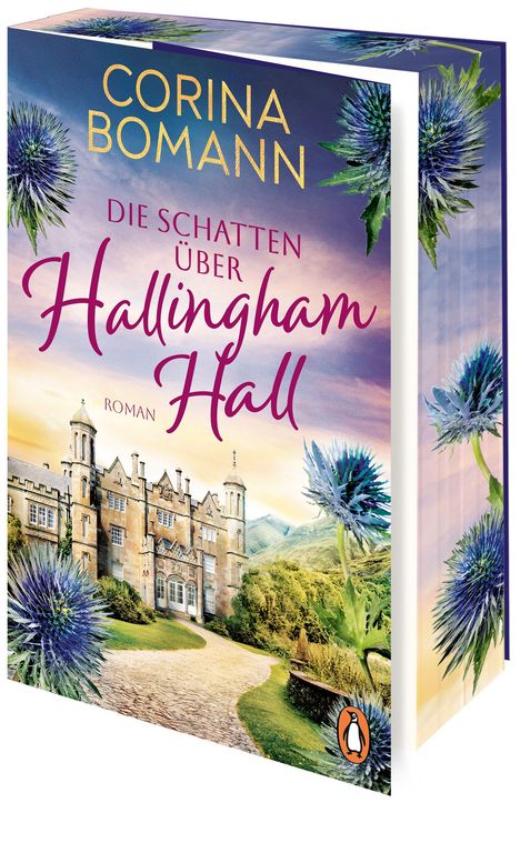 Der Buchumschlag zeigt den Titel "Die Schatten über Hallingham Hall" von Corina Bomann, mit einem Herrenhaus im Hintergrund.