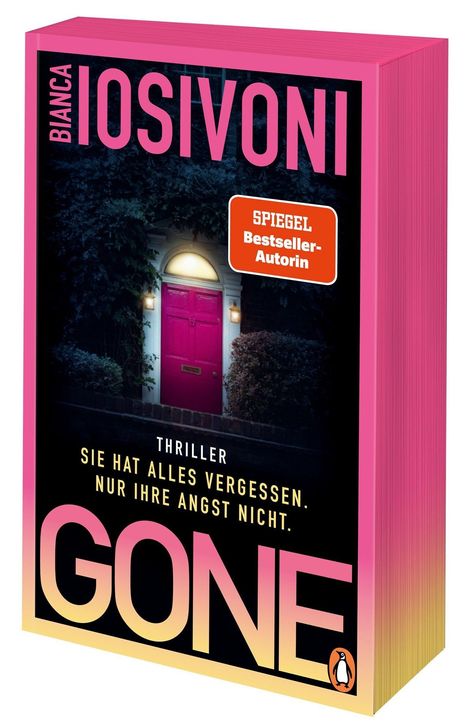 "Thriller: Sie hat alles vergessen. Nur ihre Angst nicht."  
Buch mit pinker Tür und dunklem Hintergrund.