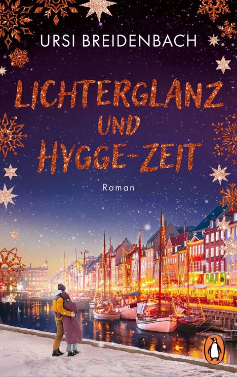 "Lichterglanz und Hygge-Zeit", Roman von Ursi Breidenbach. Winterliche Hafenansicht mit Lichtern und einem Paar.