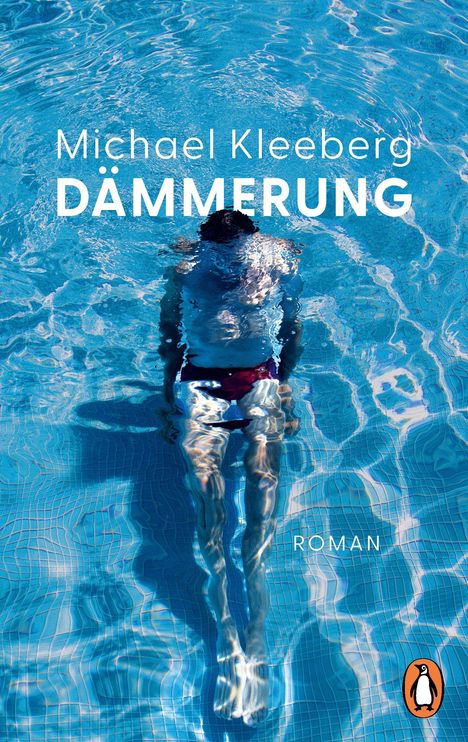 Text: "Michael Kleeberg DÄMMERUNG ROMAN". Ein Mann schwimmt unter Wasser in einem Pool. Blaues Wasser, Lichtreflexionen.