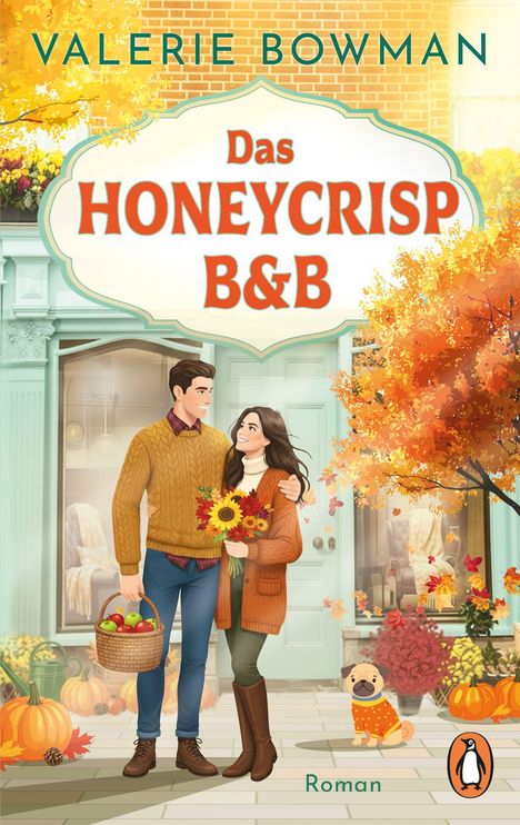 "Das Honeycrisp B&B" und "Roman". Ein Paar steht lächelnd vor einem herbstlichen Bed & Breakfast mit einem Korb Äpfel.