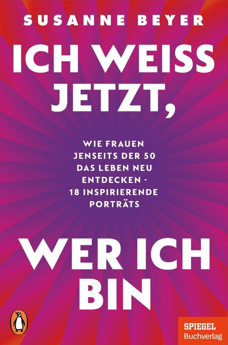 "ICH WEISS JETZT, WER ICH BIN" in Weiß auf violettem Hintergrund mit Strahlenmuster. Penguin- und Spiegel-Logos sichtbar.