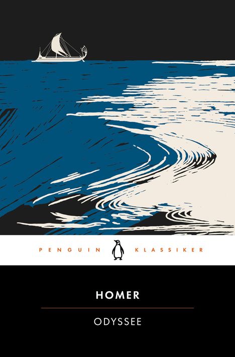 „Penguin Klassiker“, „Homer - Odyssee“. Illustration eines Schiffs auf blauem Meer mit geschwungenen weißen Wellen.