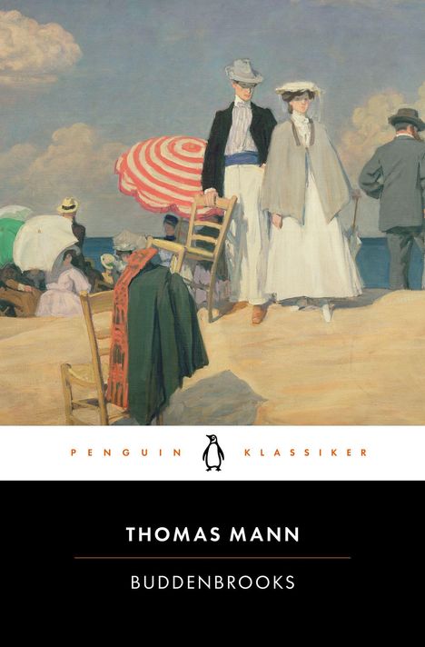 "THOMAS MANN - BUDDENBROOKS". Ein nostalgisches Strandgemälde mit elegant gekleideten Personen.