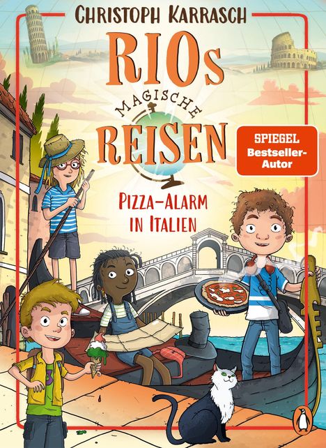Text: "Christoph Karrasch, Rios magische Reisen, Pizza-Alarm in Italien, SPIEGEL Bestseller-Autor."  
Illustration: Kinder in Venedig, Eis, Pizza, Gondel, Katze.