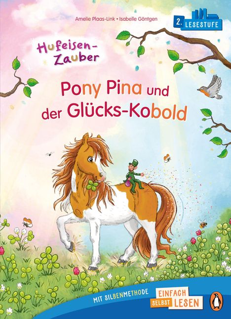 „Pony Pina und der Glücks-Kobold“. Ein Pony mit Kleeblatt im Maul, ein Kobold auf seinem Rücken, umgeben von Blumen.