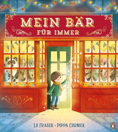 "MEIN BÄR FÜR IMMER" leuchtet über einem Laden. Ein Kind öffnet die Tür zu vielen ausgestopften Teddybären.

