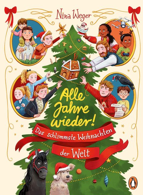 "Alle Jahre wieder! Das schlimmste Weihnachten der Welt" steht auf einem geschmückten Baum. Kinder, Tiere und Lebkuchenhaus.