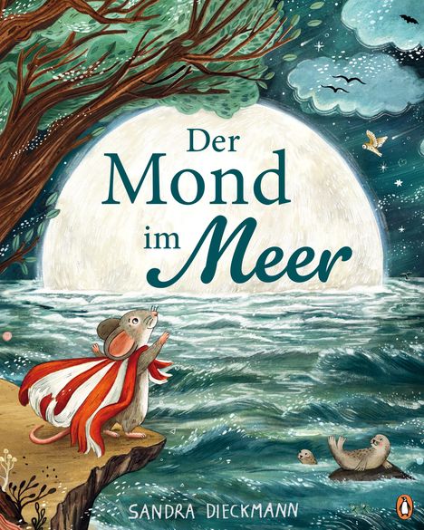 Text: "Der Mond im Meer". Eine Maus in Rot-Weiß gestreiftem Mantel am Meer, Mond im Hintergrund.