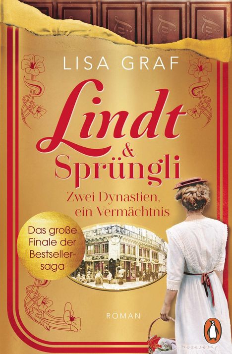 Titel: "Lindt & Sprüngli - Zwei Dynastien, ein Vermächtnis". Frau in weißem Kleid, Vintage-Stadtbild, Schokoladentafeln oben.