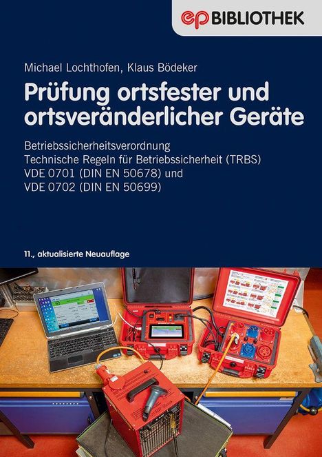 Buchtitel: "Prüfung ortsfester und ortsveränderlicher Geräte". Unten technische Prüfgeräte auf einem Tisch.