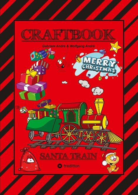 "CRAFTBOOK", "MERRY CHRISTMAS", "SANTA TRAIN"; rote Hintergrund, Weihnachtszug, Geschenke, Comic-Stil, fröhliches Design.