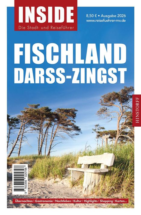 „Fischland Darss-Zingst“ Reiseführer-Cover mit Strand und Kiefernbäumen, blauer Himmel.