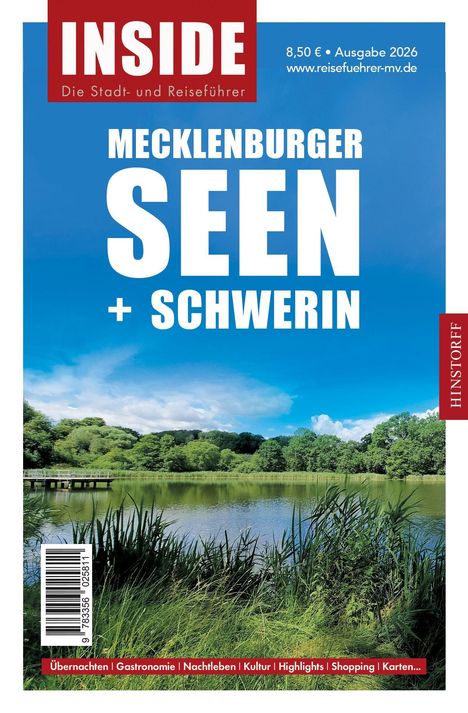 „Mecklenburger Seen + Schwerin“ in großen weißen Buchstaben auf blauem Hintergrund, darunter eine Seeansicht mit Bäumen.