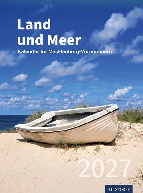 „Land und Meer“, „Kalender für Mecklenburg-Vorpommern“, „2027“. Ein Boot liegt auf sandigem Strand, Meer im Hintergrund.