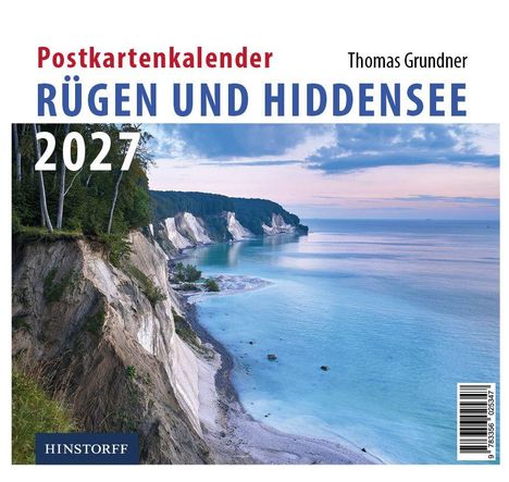 "Postkartenkalender Rügen und Hiddensee 2027, Thomas Grundner." Klippen und Meer bei Sonnenuntergang.