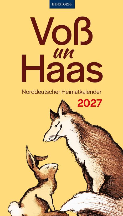 "Voß un Haas", "Norddeutscher Heimatkalender 2027". Illustration von einem Fuchs und einem Hasen auf gelbem Hintergrund.