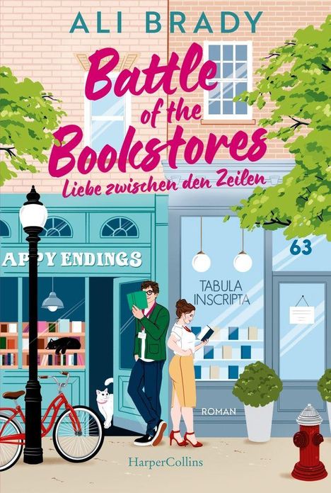 "Battle of the Bookstores: Liebe zwischen den Zeilen", Illustration von Buchhandlungen, einem Mann, einer Frau und zwei Katzen.