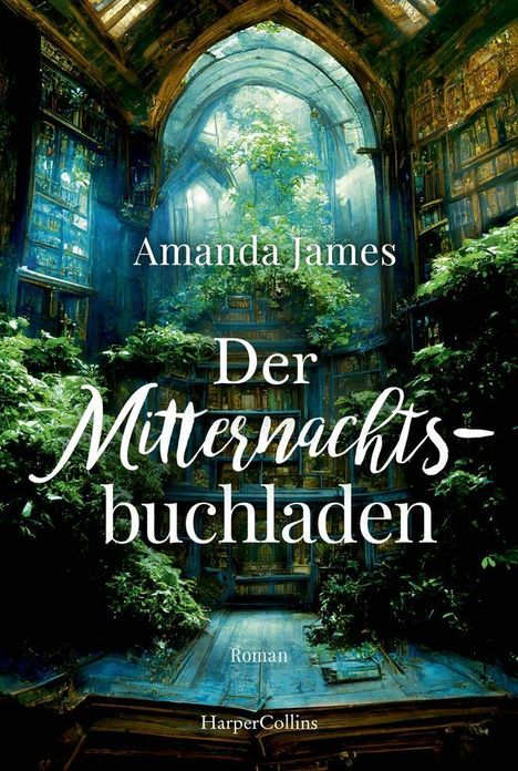 Text: "Amanda James, Der Mitternachtsbuchladen, Roman, HarperCollins." 

Eine üppig bewachsene Bibliothek mit hohem Glasdach.