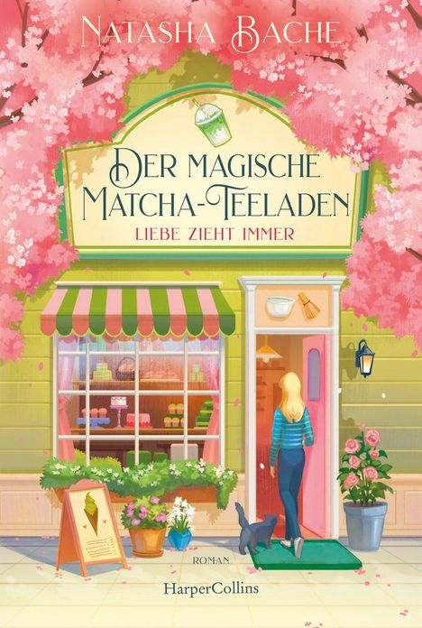 Der magische Matcha-Teeladen. Liebe zieht immer. Eine Frau in blauer Kleidung betritt einen Laden, begleitet von einer Katze. Rosa Blüten.
