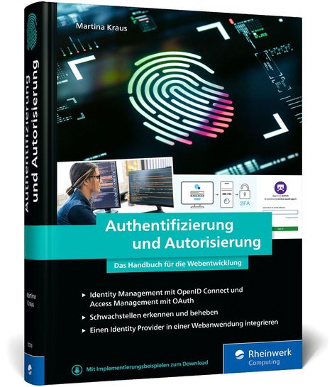 Buchcover mit dem Titel "Authentifizierung und Autorisierung." Darunter Stichpunkte zu Identity Management und OAuth.