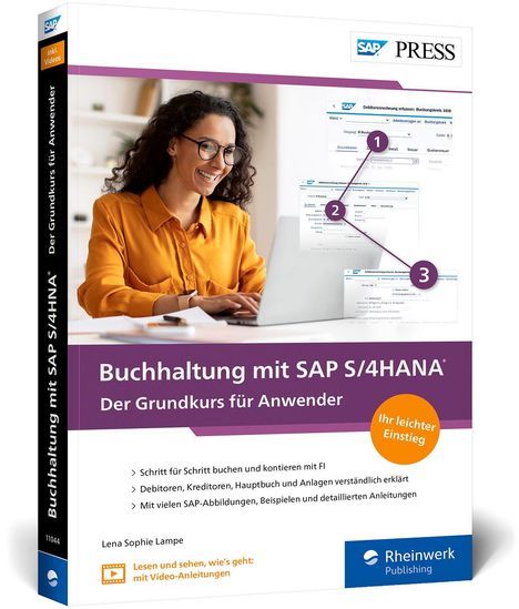 "Buchhaltung mit SAP S/4HANA: Der Grundkurs für Anwender. Logo von SAP PRESS. Frau am Laptop. Schritte 1, 2, 3 erklärt."