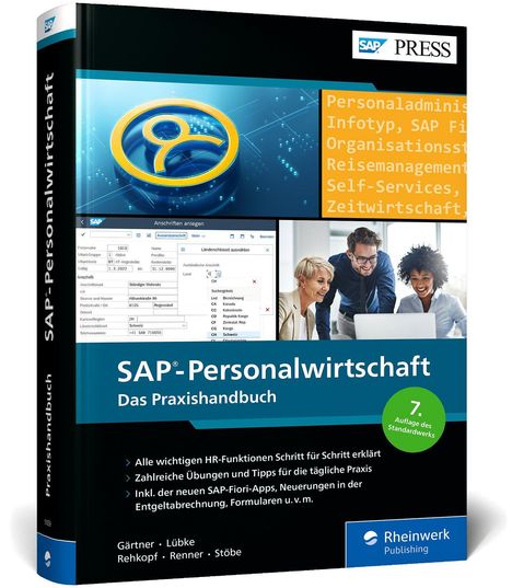 Buchcover mit Text: "SAP-Personalwirtschaft. Das Praxishandbuch." Bild von Personen und SAP-Software. Orion-Logo oben.